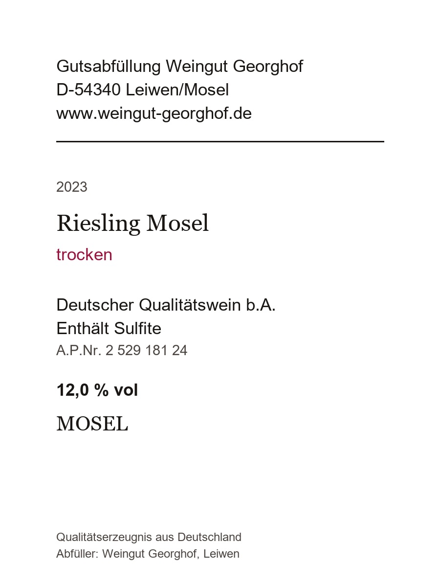 Rückseitenetikett 2023 Riesling trocken, –Mosel– 1,0 ltr.