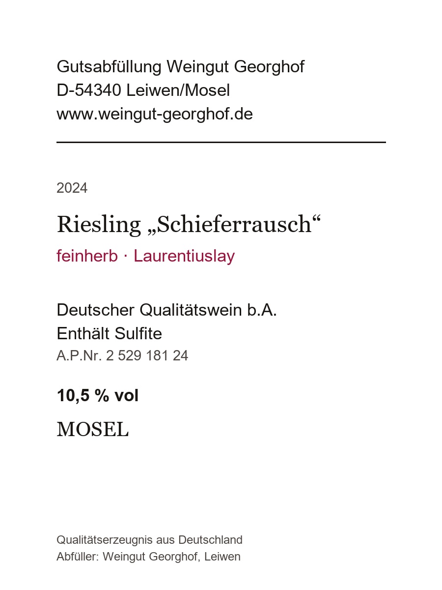 Rückseitenetikett 2024 Riesling „Schieferrausch“ feinherb