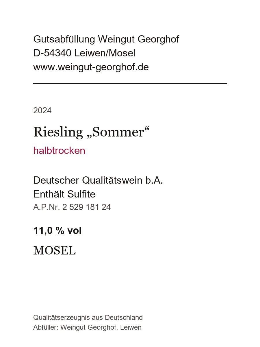 Rückseitenetikett 2024er Riesling „Sommer“ halbtrocken