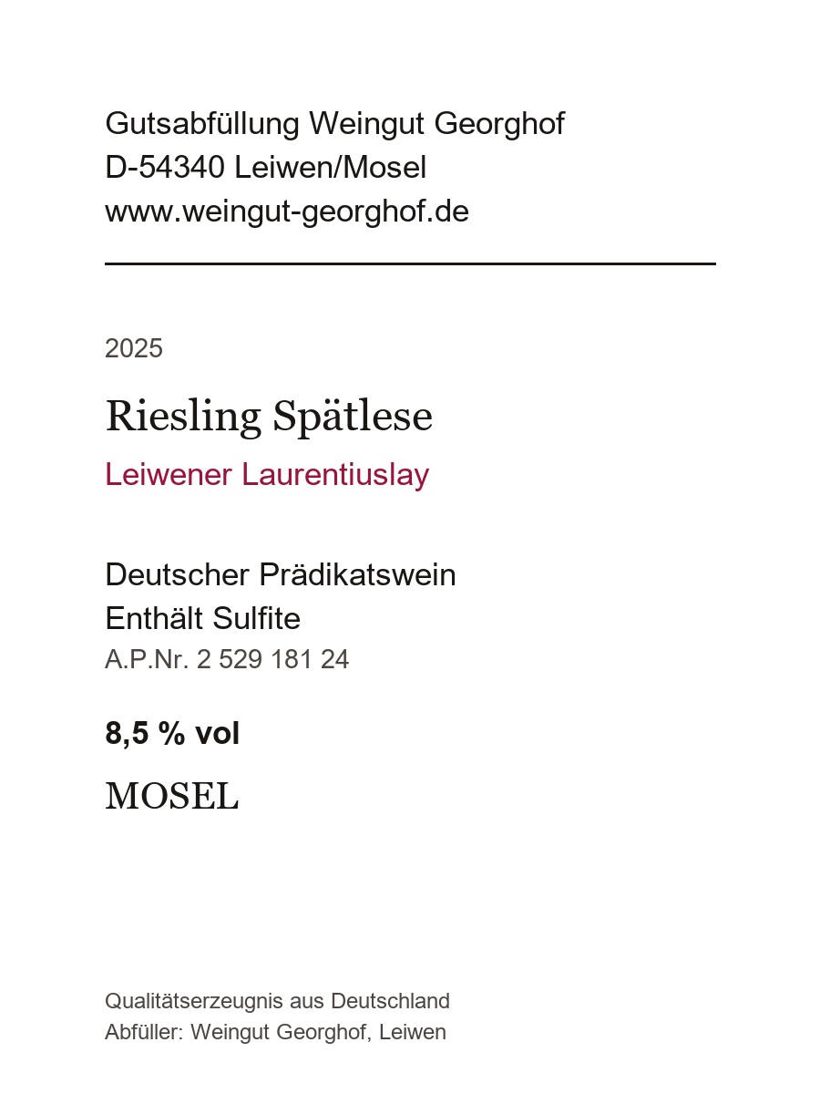 Rückseitenetikett 2025er Riesling Spätlese Laurentiuslay